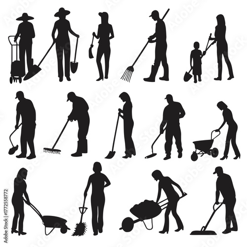 Diverse group of people in silhouette are gardening and farming together using tools in unity