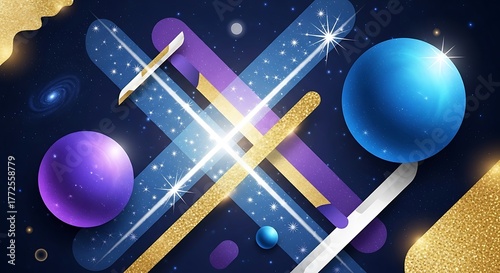 Abstract Geometric Shapes and Spheres with Glowing Lines and Glitter on Dark Background.