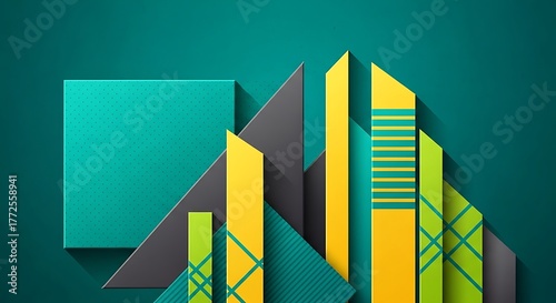 Abstract Geometric Shapes Composition Teal Yellow and Gray.