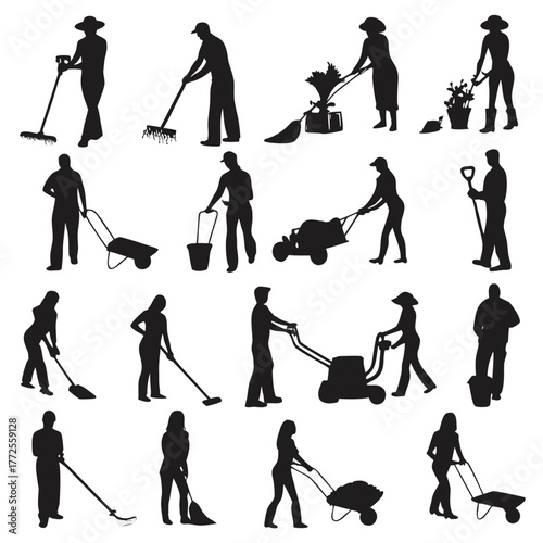 Diverse silhouettes show people gardening and working with various outdoor tools on a white backdrop