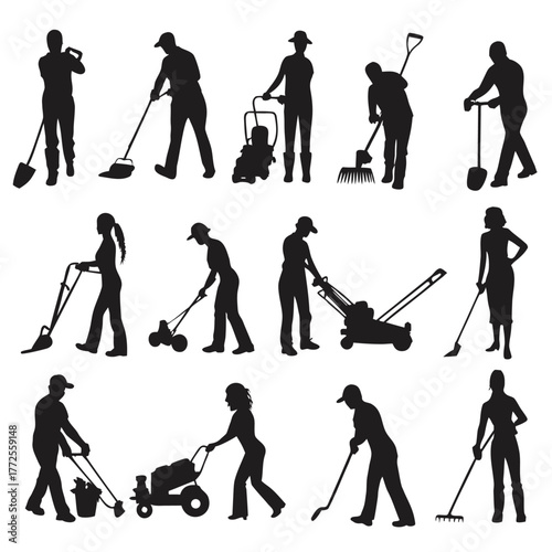 Silhouetted people using gardening tools and mowing lawns create a diverse array of yard work