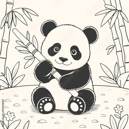 Cute panda bear sitting and holding a bamboo stalk in a forest with bamboo trees and flowers