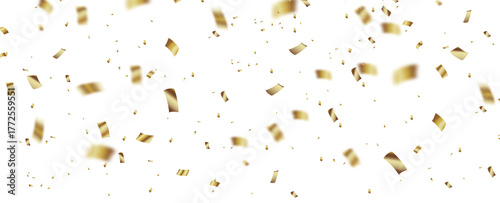 Gold confetti falling on transparent background, gold shiny glitter, luxury festive celebration party design, New Year, wedding, or birthday decoration illustration template.
