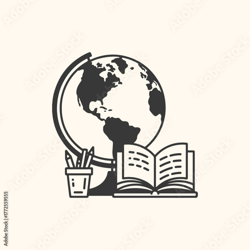 Stylized illustration of a globe, an open book, and a pencil holder with pencils, representing education and global knowledge
