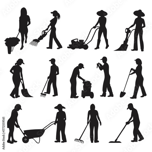 Silhouette women engage in outdoor work with lawn tools and gardening equipment efficiently
