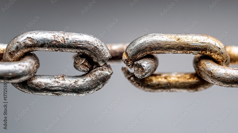 Obraz premium disconnected. Broken chain links with disconnected ends, minimalist metal texture symbolizing separation. wellbeing guides.