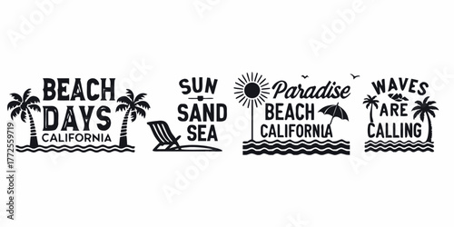 Collection of black and white beach themed typography graphics with palm trees and ocean waves