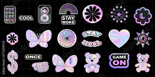 Holographic aesthetic stickers featuring butterflies hearts stars rainbows and cute animals on a black grid background