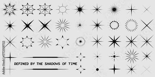 Collection of diverse starburst and sparkle graphic elements and icons on a light gray background
