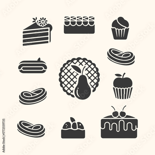 Collection of sweet dessert icons including cake, cupcake, pie, and pastry, isolated on a light background