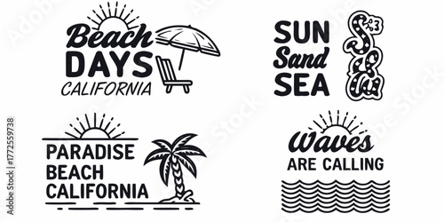 Set of four retro california beach themed graphic designs with sun sand sea palm tree and waves illustrations