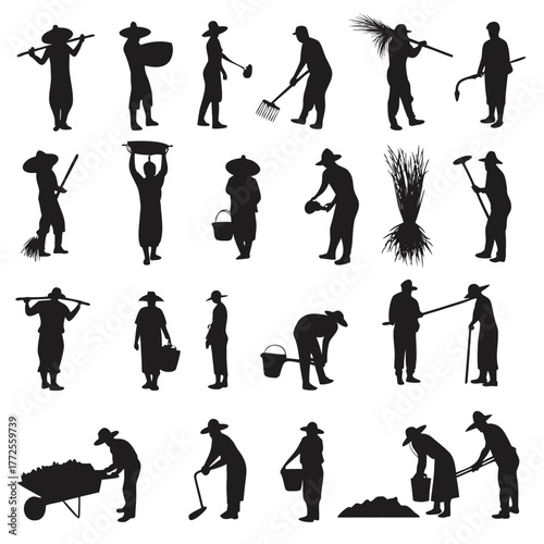Black silhouettes display Asian farmworkers laboring in various poses and using different tools and equipment