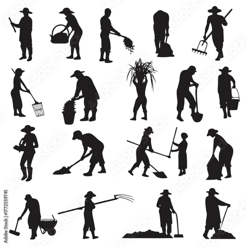 Silhouettes depict diverse farm workers cultivating land with tools, embodying agricultural labor and rural life
