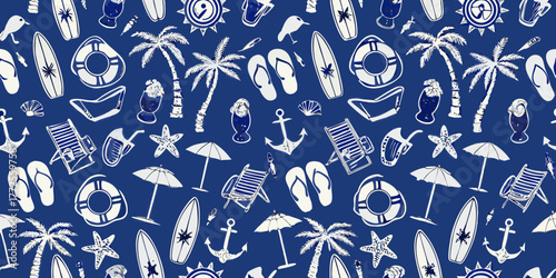 Seamless pattern of hand drawn summer beach vacation icons on a blue background
