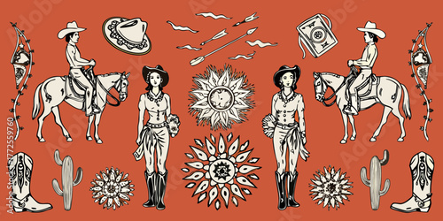 Vintage western cowboy and cowgirl illustrations with horses cacti and sunbursts on orange background