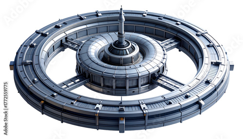 Fototapeta Naklejka Na Ścianę i Meble -  Stunning futuristic space station with intricate ring structure and central spire, advanced engineering in deep space