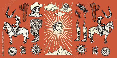 Western cowboy and cowgirl elements with horses cacti and boots on a rustic orange background