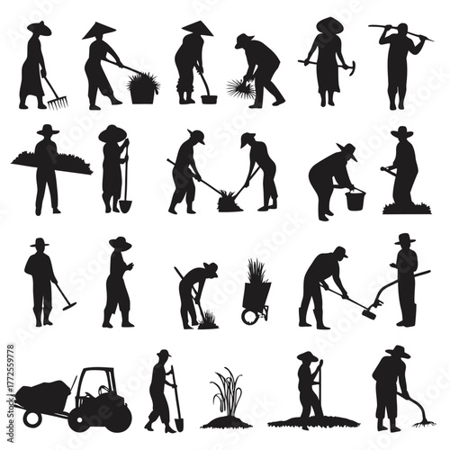 Silhouette farmers display traditional farming activities like planting crops, raking leaves, and driving a tractor