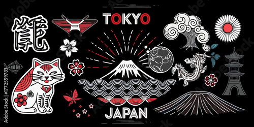 Collection of japanese cultural icons and symbols featuring mount fuji dragon and maneki neko