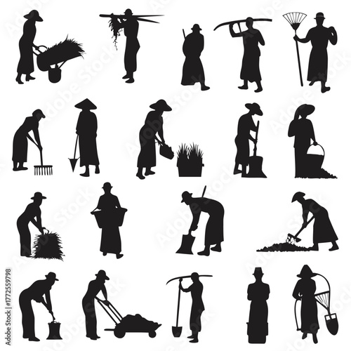 Silhouette depicts various Asian farmers working hard with tools in the field, demonstrating agriculture