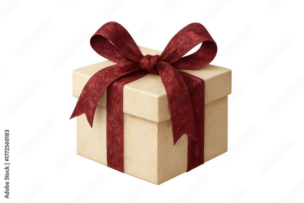 Fototapeta premium Beige gift box tied with a red ribbon and bow, symbolizing celebration, gifting, and holiday surprises
