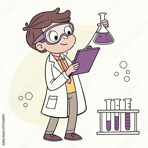 Cartoon scientist with safety goggles holds flask and clipboard in a laboratory setting