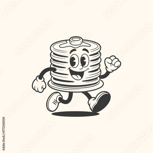 Vintage cartoon pancake character walking happily, retro style illustration