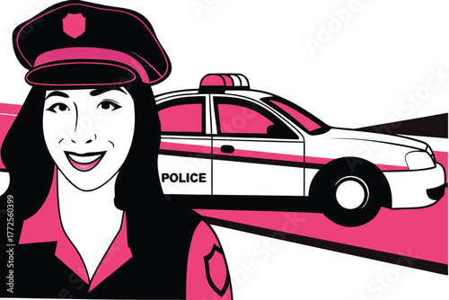 Smiling Asian policewoman in uniform poses near a white police car on duty
