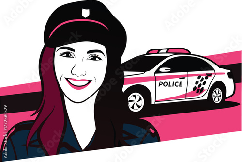 Smiling female officer in uniform stands beside her police car with a pink background