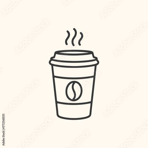 A simple line art illustration of a steaming coffee cup with a coffee bean logo, isolated on a light cream background