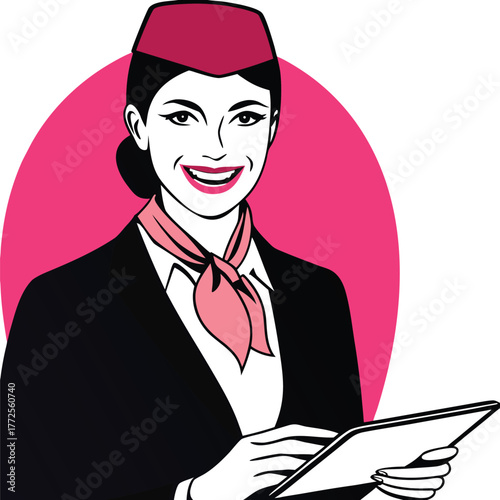 Smiling flight attendant in uniform holds a tablet while standing against a pink background