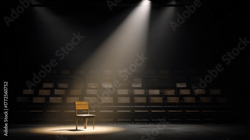 rehearsal. Empty theater rehearsal hall with a single spotlight on a central chair casting dramatic shadows. real-estate listings.