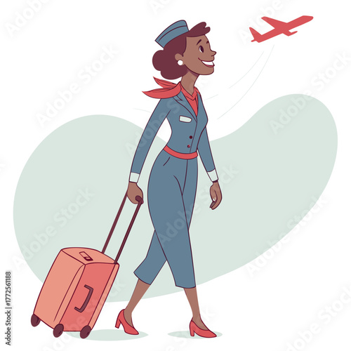 Happy African American stewardess pulls pink luggage while an airplane flies overhead