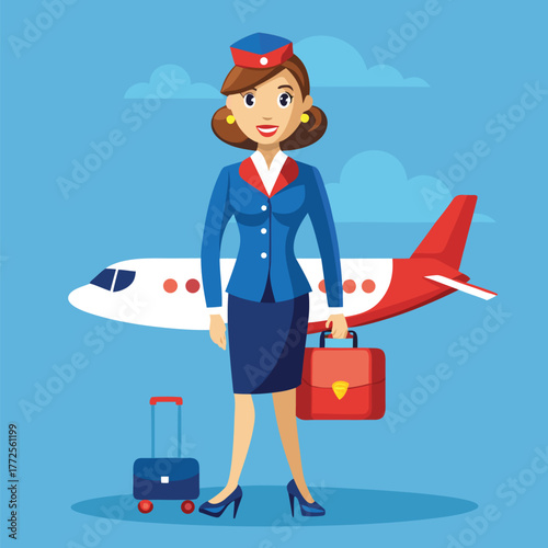 Smiling stewardess in uniform stands before airplane holding briefcase and luggage on blue background