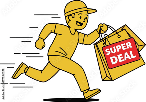 A smiling person in a yellow uniform runs quickly carrying shopping bags labeled 'SUPER DEAL'.