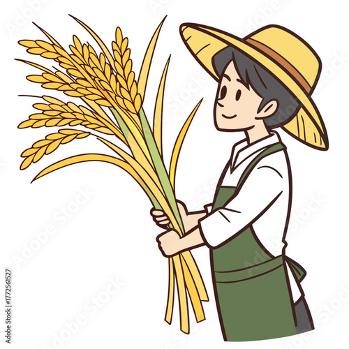 Smiling farmer wearing a straw hat happily holding harvested rice plants at harvest time