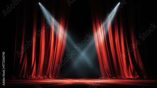 Elegantly draped red curtains frame a darkened stage illuminated by twin spotlights. The velvety texture evokes a sense of anticipation.