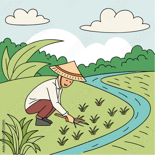 Asian farmer wearing a conical hat working diligently in a lush, green paddy field