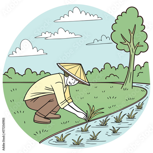 Southeast Asian man wearing a conical hat farms the flooded rice paddy in a circle