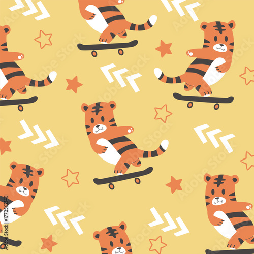 cute orange tiger savana skateboard seamless pattern vector design for kids apparel fullprint fabric