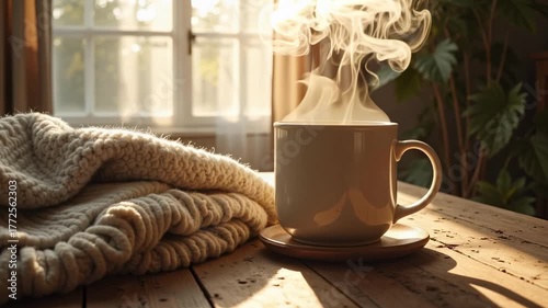 Cozy morning ritual with steaming hot coffee and warm blanket bathed in soft sunlight by the window