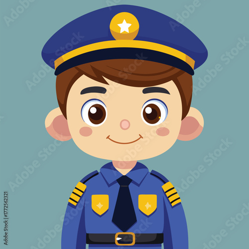 Cartoon police officer with brown hair and blue uniform smiles gently at the viewer