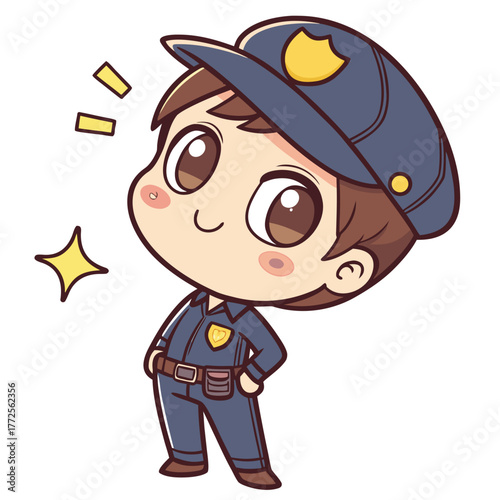 Smiling cartoon police officer cheerfully stands, presenting a whimsical and friendly demeanor with charm