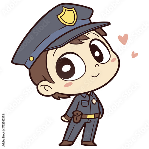 Smiling cartoon police officer stands happily with a rosy cheek and floating hearts on clear backdrop