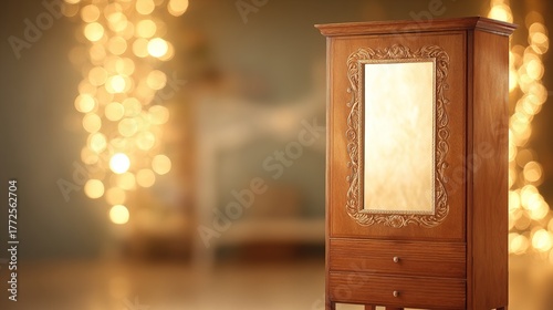 armoire. Vintage wooden armoire with ornate mirror, polished surface in warm golden light. real-estate listings, architecture portfolios, designed for interior renovation comparisons for interiors.