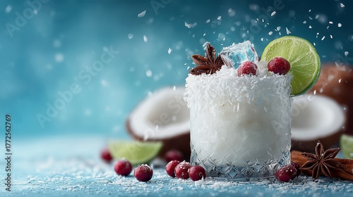 A glass of white drink with a lime and some berries on top. The drink is served in a glass with ice