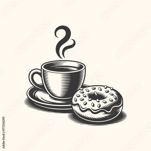 A steaming cup of coffee with a donut on a saucer, black and white illustration