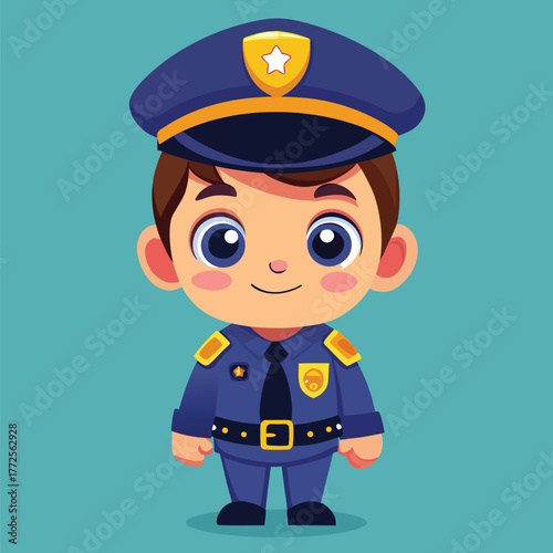 Cartoon police officer with big eyes and blue uniform stands at attention calmly