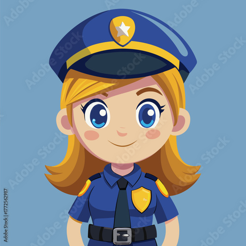 Blonde cartoon policewoman smiles with a friendly demeanor while wearing her blue uniform and hat