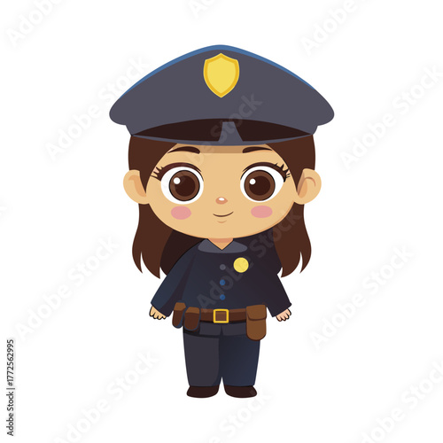 Chibi style brunette policewoman standing happily wearing uniform and a hat with golden badge